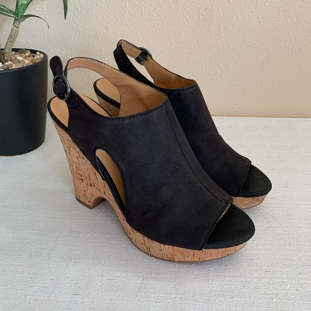 Franco Sarto Gabriel Black Suede Cork Wedge Sandals Woman’s 9M